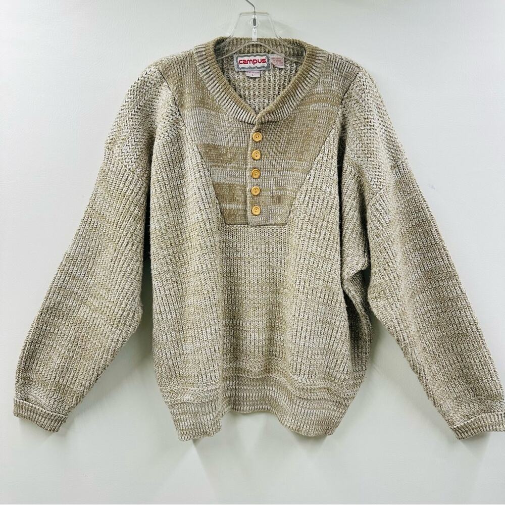 Campus Vintage 90s Men Sweater Acrylic Knit Pullover Heathered Oatmeal Sz L